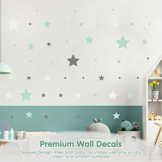 Stars Wall Stickers Removable, Vinyl Stars Wall Decals Peel and Stick, Green and Grey Tone Stars Wall Stickers for Living Room Decoration