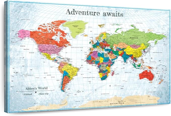 ElephantStock - Personalized Adventure Awaits IV Push Pin World Map Wall Art - Horizontal Canvas Wall Art - Living Room Wall Decor - Digital Art Map Canvas Art - Blue And Green Decor - 45" x 30"