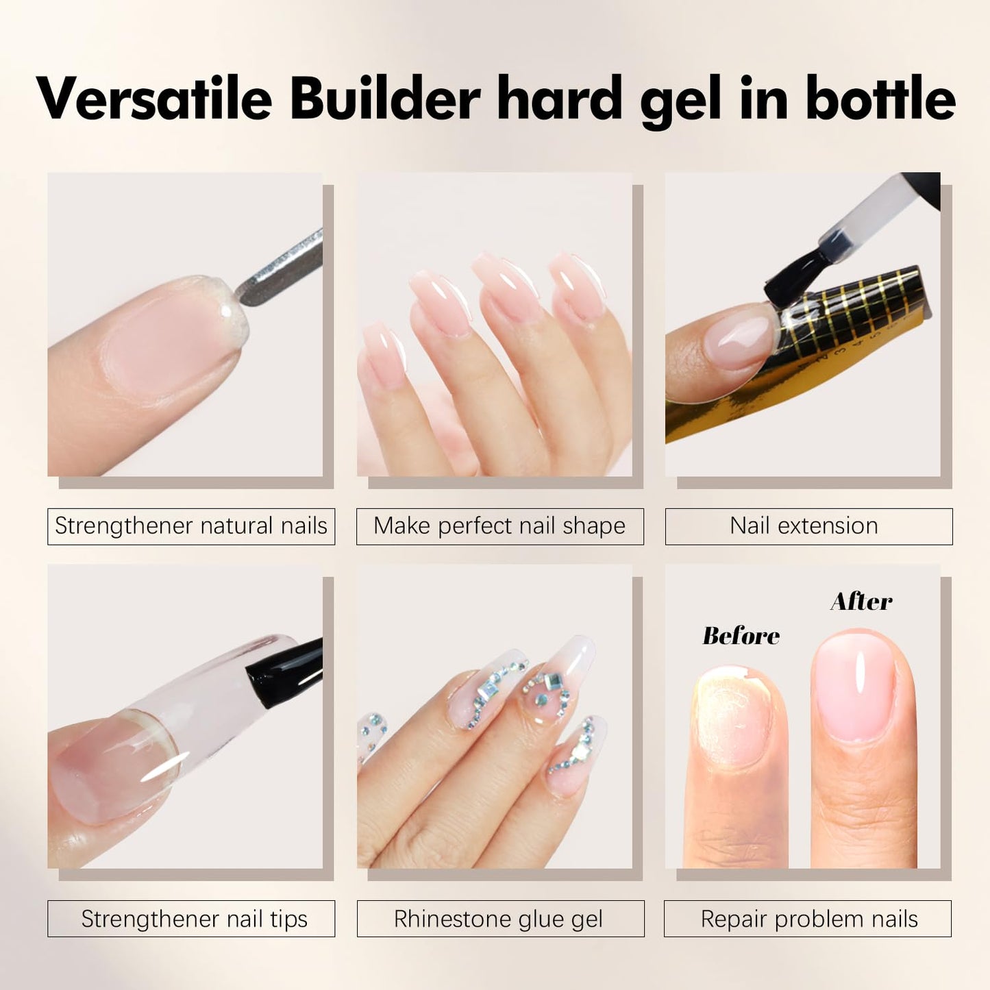 FZANEST Builder Nail Gel Hema & TPO-Free 15ml *2 pcs Clear Hard Gel Extension For Nails Thickening Strengthener Brush on Builder Bottle Soak Off UV Holiday Nail Art Design for Girls
