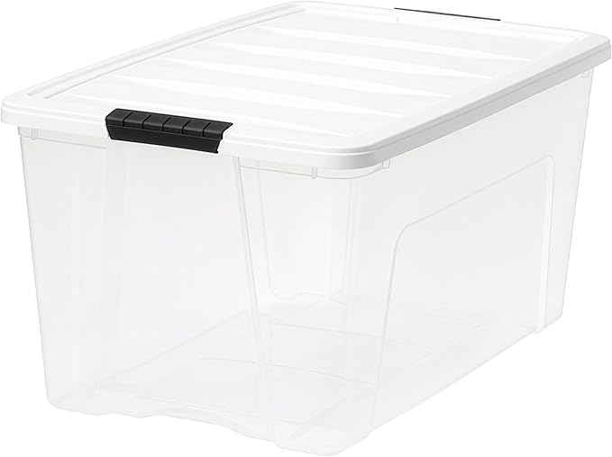 IRIS USA 72 Qt Stackable Plastic Storage Bins with Lids, 4 Pack - BPA-Free, Made in USA - See-Through Organizing Solution, Latches, Durable Nestable Containers, Secure Pull Handle - Clear/White