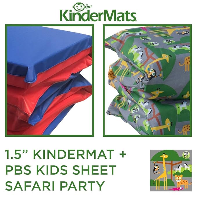 KinderMat 1.5" Thick + PBS Kids KinderBundle - Washable Cover, Special Edition - Safari Party - Regular, Sheet is 47" x 22", Value Bundle Great for Daycare & Family Households,