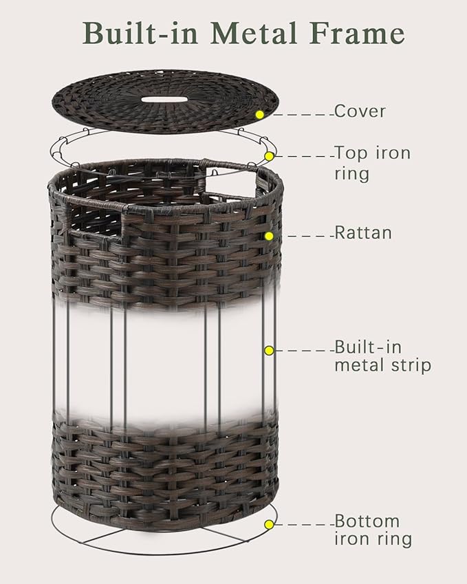 Laundry Basket with Lid Round Rattan Laundry Hamper with Lid and Handles 29.1 Gal (110 L) Handwoven Woven Basket with Removable Bags and 2 Mesh Bags for Bathroom Living Room Brown