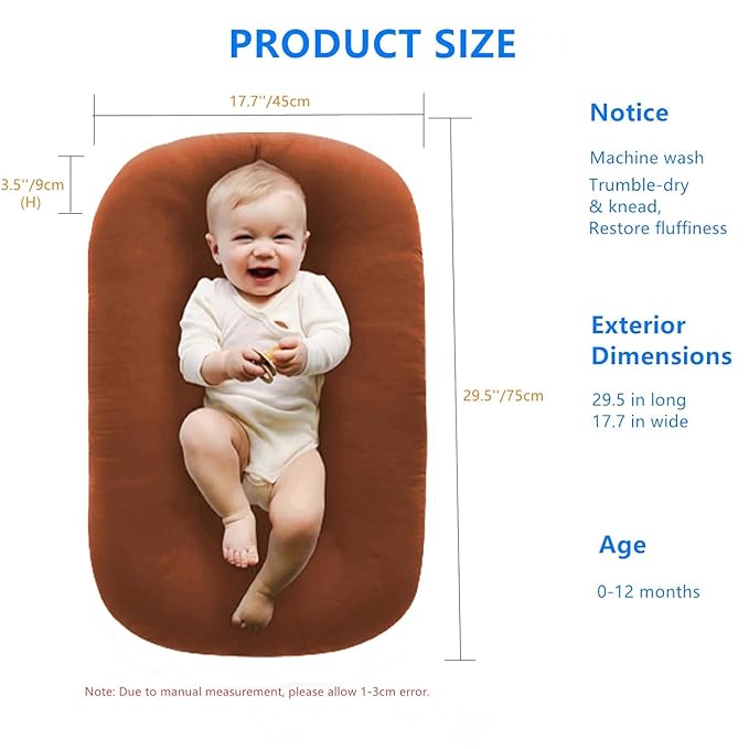 Baby Lounger 0-24 Months 100% Cotton-Snuggle Cozy Me Lounger,Soft & Breathable Tummy Time Mat for Newborn Infant Play Mat,Babies Essentials Gifts,Coffee(Lounger Cover Included)