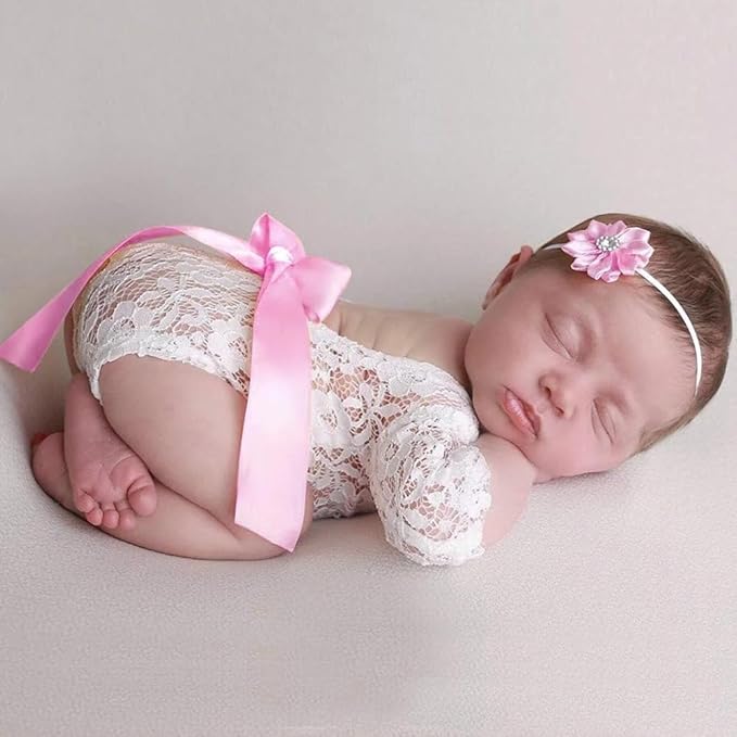 Newborn Girl Photography Outfits, Backless Lace Romper with Flower Headband Photo Props, Baby Girl Photoshoot Outfits
