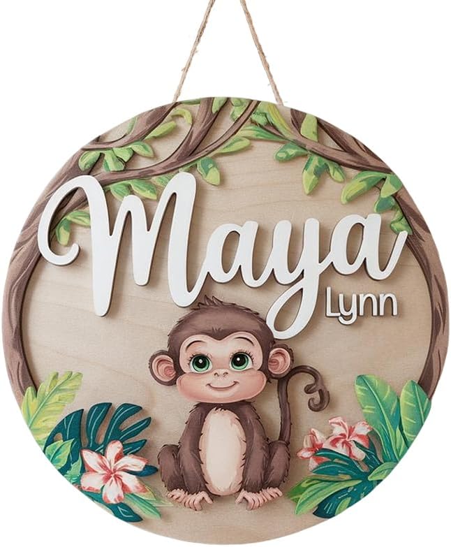 Personalized Wooden Name Signs for Nursery, Monkey Sign for Baby Door Decor, Newborn Gifts for Boy, Boys Nursery Wall Bedroom Decorations, Mother's Day Gifts for New Mom Dad Gift