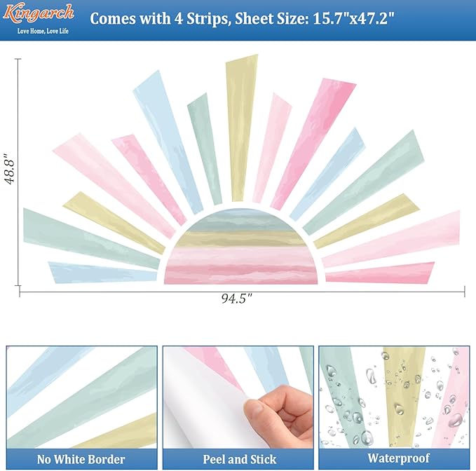 Large Boho Half Sun Wall Decals, Sunshine Peel and Stick Fabric Nursery Wall Decor, Removable Home Room Decor Murals Stickers for Kids Girls Toddler Bedroom Living Room Playroom