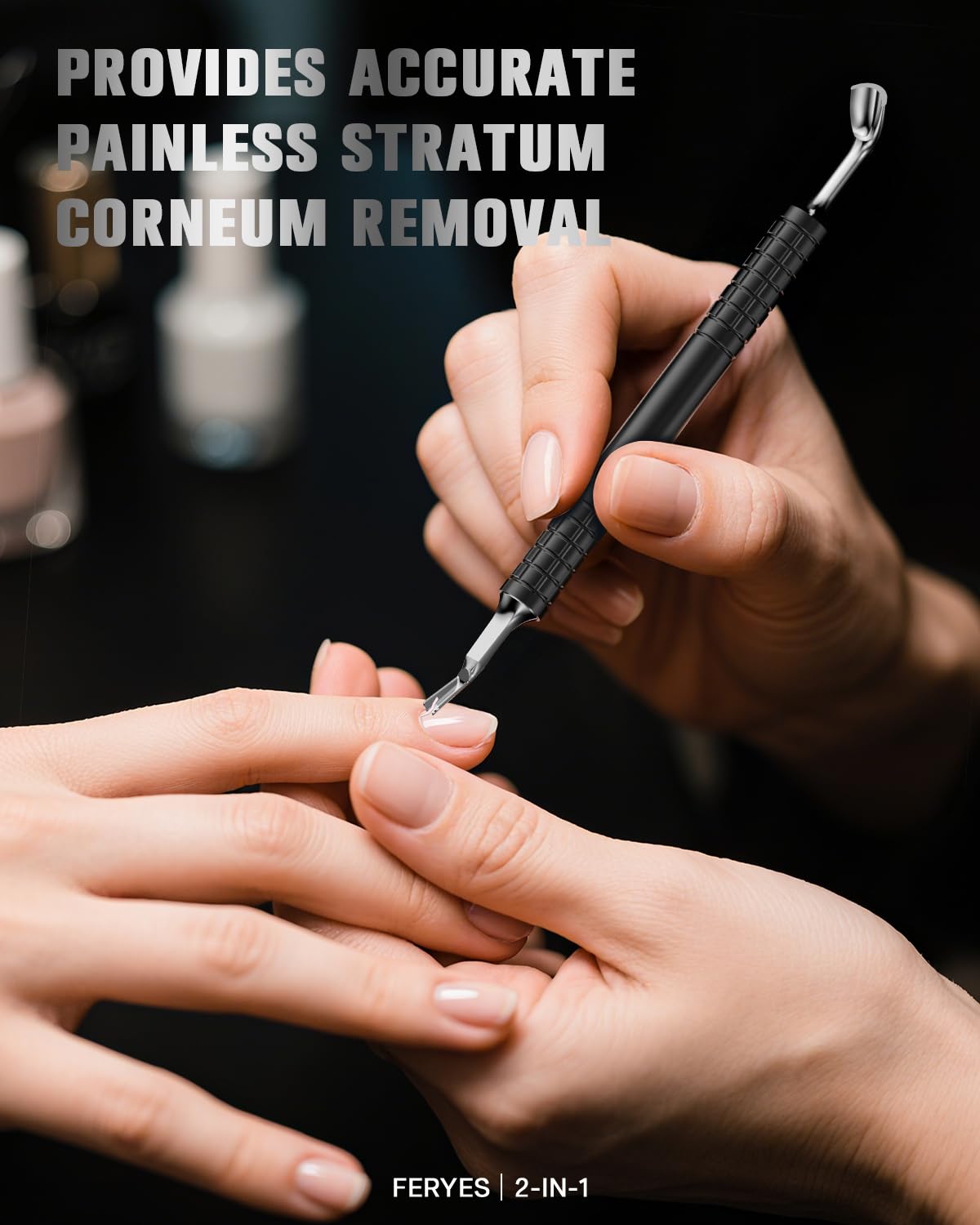 FERYES Upgraded Horseshoe Shape Cuticle Pusher with Fork, 2-in-1 Cuticle Remover Tool, Stainless Steel Cuticle Trimmer Nail Care Tool for Manicures- Black(5.6 Inches）