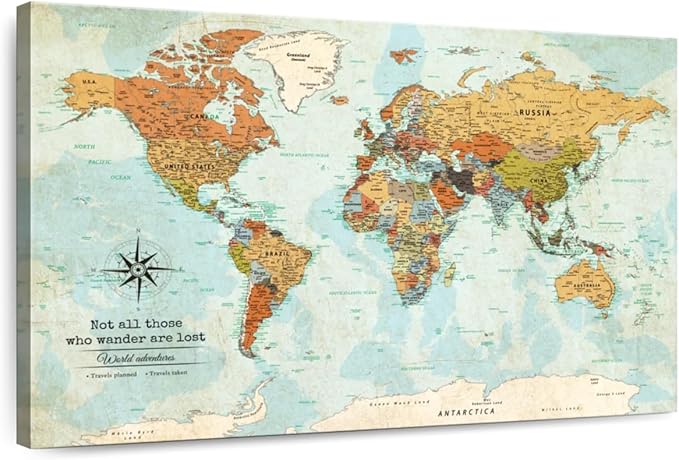 ElephantStock - Personalized Wanderer Push Pin World Map Wall Art - Horizontal Canvas Wall Art - Living Room Wall Decor - Digital Art Map Canvas Art - Orange And Blue Decor - 30" x 20"
