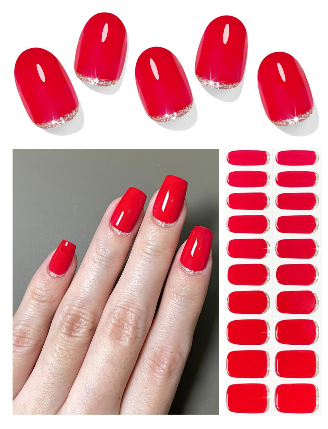 Semi Cured Gel Nail Strips, 20pcs UV Nail Wraps for Home Nails DIY (Red Glitter)
