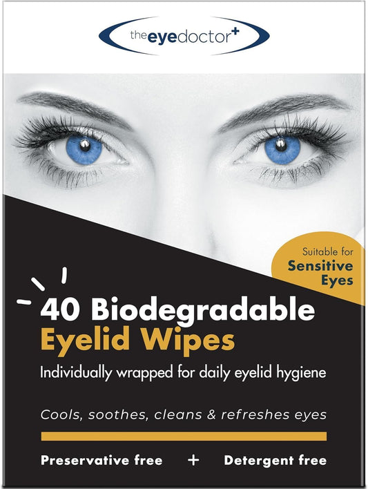 The Eye Doctor Biodegradable Eyelid Wipes - 40 x Single Use Eye Cleaning Wipes for Daily Lid Care - Individual Preservative Free Sensitive Eye Cleaner - Soothes Cleans and Refreshes