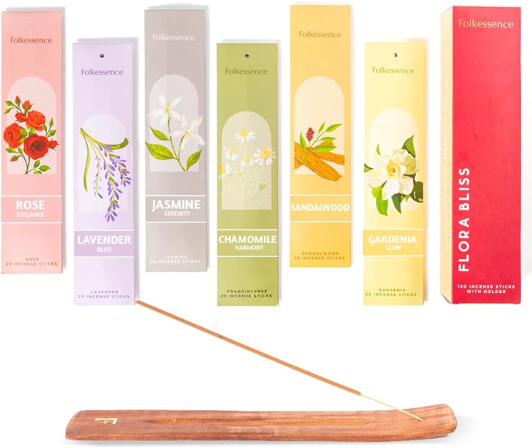 Folkulture Incense Sticks with Incense Holder | Set of 6 (120) Organic Fall Insence-Sticks with 45 Mins Burn Time | Non Toxic Sandalwood Incense | Fall Scents or Rose & Lavender Inscents for Home