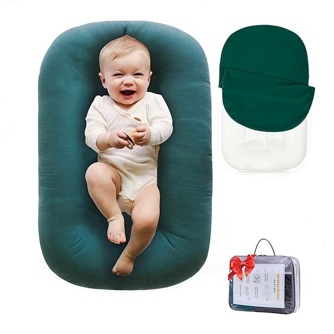 Baby Lounger 0-24 Months 100% Cotton-Snuggle Cozy Me Lounger,Soft & Breathable Tummy Time Mat for Newborn Infant Play Mat,Babies Essentials Gifts,Green(Lounger Cover Included)