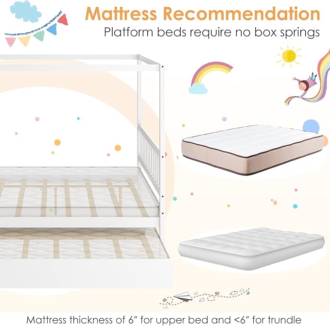 KOMFOTT Full Bed with Trundle, Solid Wood Canopy Bed Frame with Headboard, Modern Space Saving Full Bed with Twin Trundle Bed, No Box Spring Needed, Canopy Bed Frame