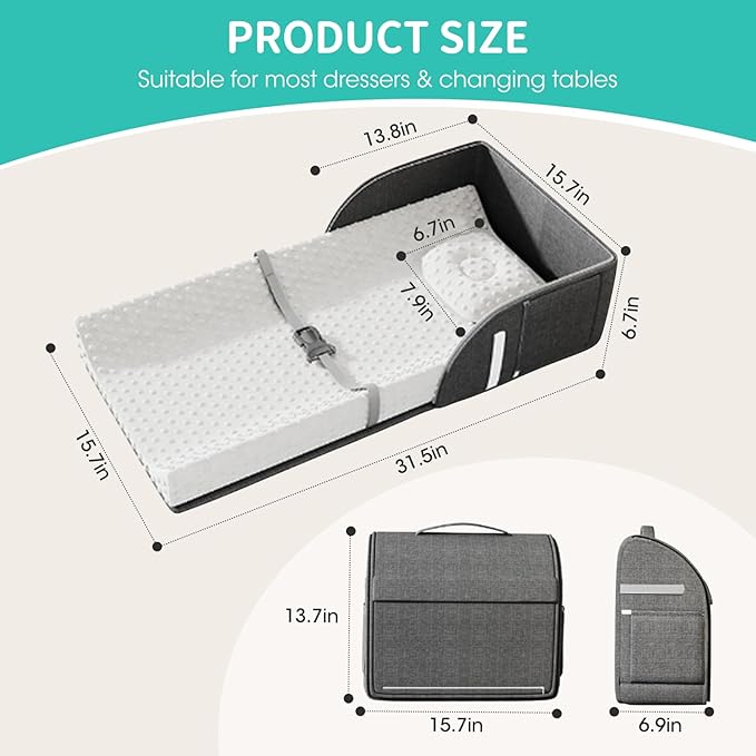 Portable Baby Diaper Changing Pad Foam Contoured Changing Table Pad with Soft Non-Slip Cover and Headrest Waterproof Diaper Bag for Dresser, Changing Table Topper Travel Outdoor