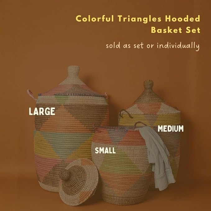 Tall Large Decorative Wicker Storage Basket with Lid, Laundry Hamper, Blanket Storage, Toys Bin, Clothes Holder, Boho Style (Colorful Triangles)