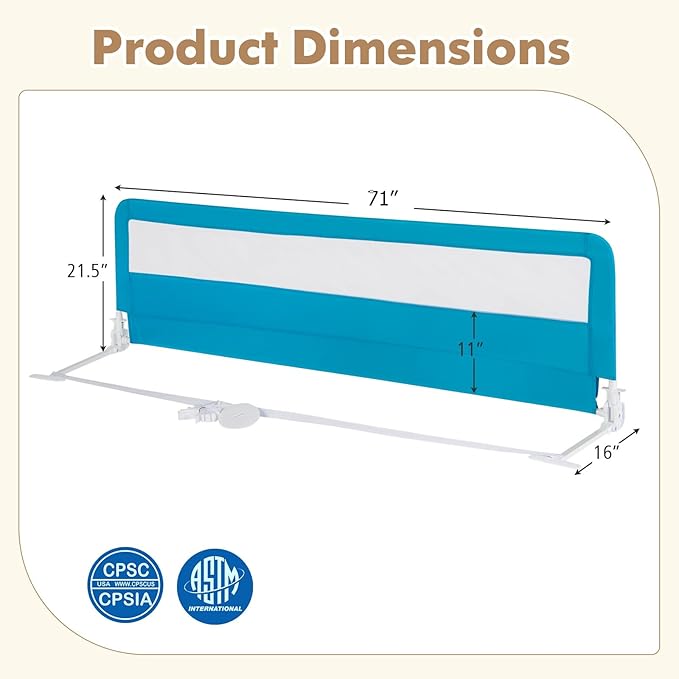 BABY JOY Bed Rails for Toddlers, 71'' Extra Long, Upgraded Swing Down Bed Guard w/Safety Strap, Folding Baby Bedrail for Kids Twin, Double, Full Size Queen & King Mattress (71-Inch, Blue)