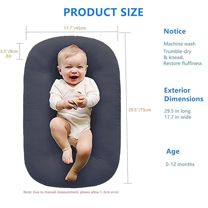 Baby Lounger 0-24 Months 100% Cotton,Soft & Breathable Tummy Time Mat for Newborn Infant Play Mat,Babies Essentials Gifts,Gray(Lounger Cover Included)