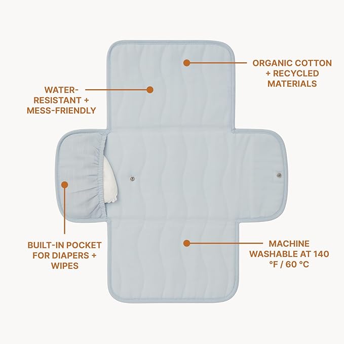 Toddlekind Mini Maven Portable Changing Pad – Travel Diaper Clutch for Babies, Organic Cotton & Water-Resistant, Compact Foldable Diaper Changing Mat with Pocket (Blue)