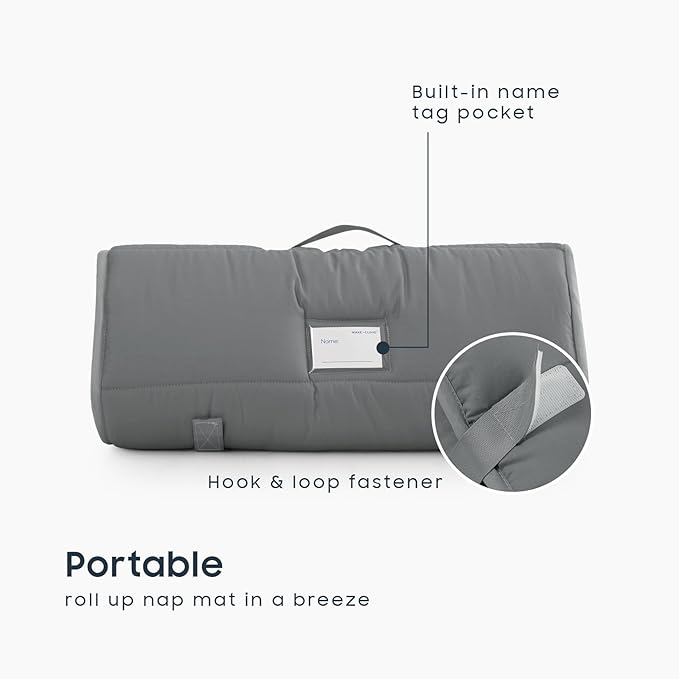 Wake In Cloud - Toddler Nap Mat with Pillow and Blanket, for Kids Boys Girls in Kindergarten Daycare Preschool Pre K, Roll Up Sleeping Bag, Solid Color, Grey, Standard