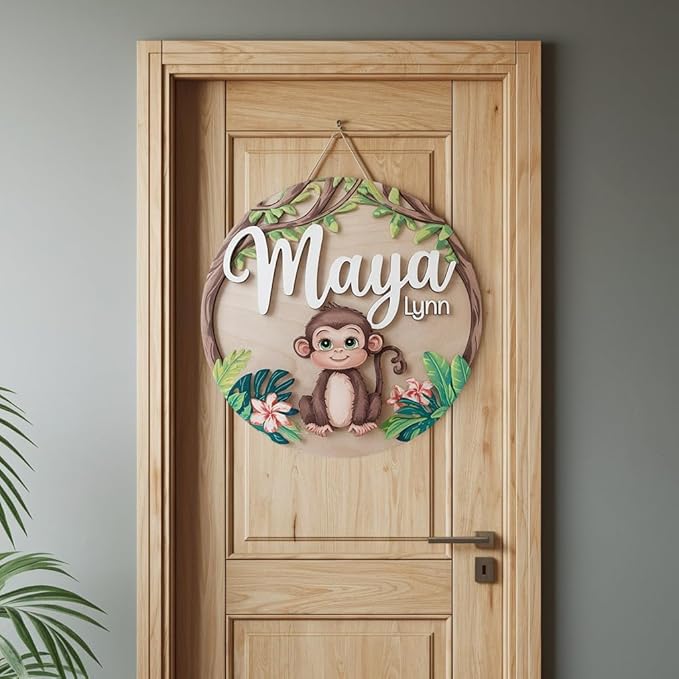 Personalized Wooden Name Signs for Nursery, Monkey Sign for Baby Door Decor, Newborn Gifts for Boy, Boys Nursery Wall Bedroom Decorations, Mother's Day Gifts for New Mom Dad Gift