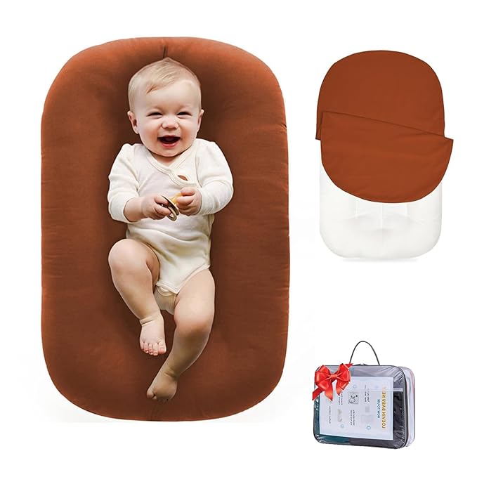 Baby Lounger 0-24 Months 100% Cotton-Snuggle Cozy Me Lounger,Soft & Breathable Tummy Time Mat for Newborn Infant Play Mat,Babies Essentials Gifts,Coffee(Lounger Cover Included)