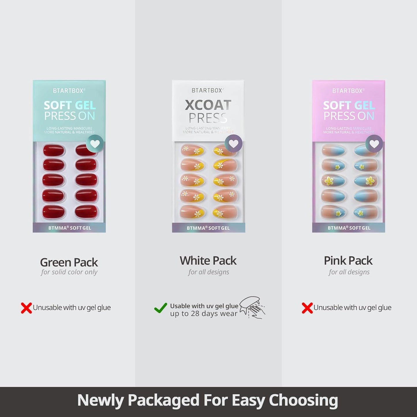 BTArtbox Short Ombre Press On Nails - Square Nail Tips with Glue for Women, Opaque Soft Gel Glue On Nails in 16 Sizes - 32 Stick On Nails Kit, Edge Play