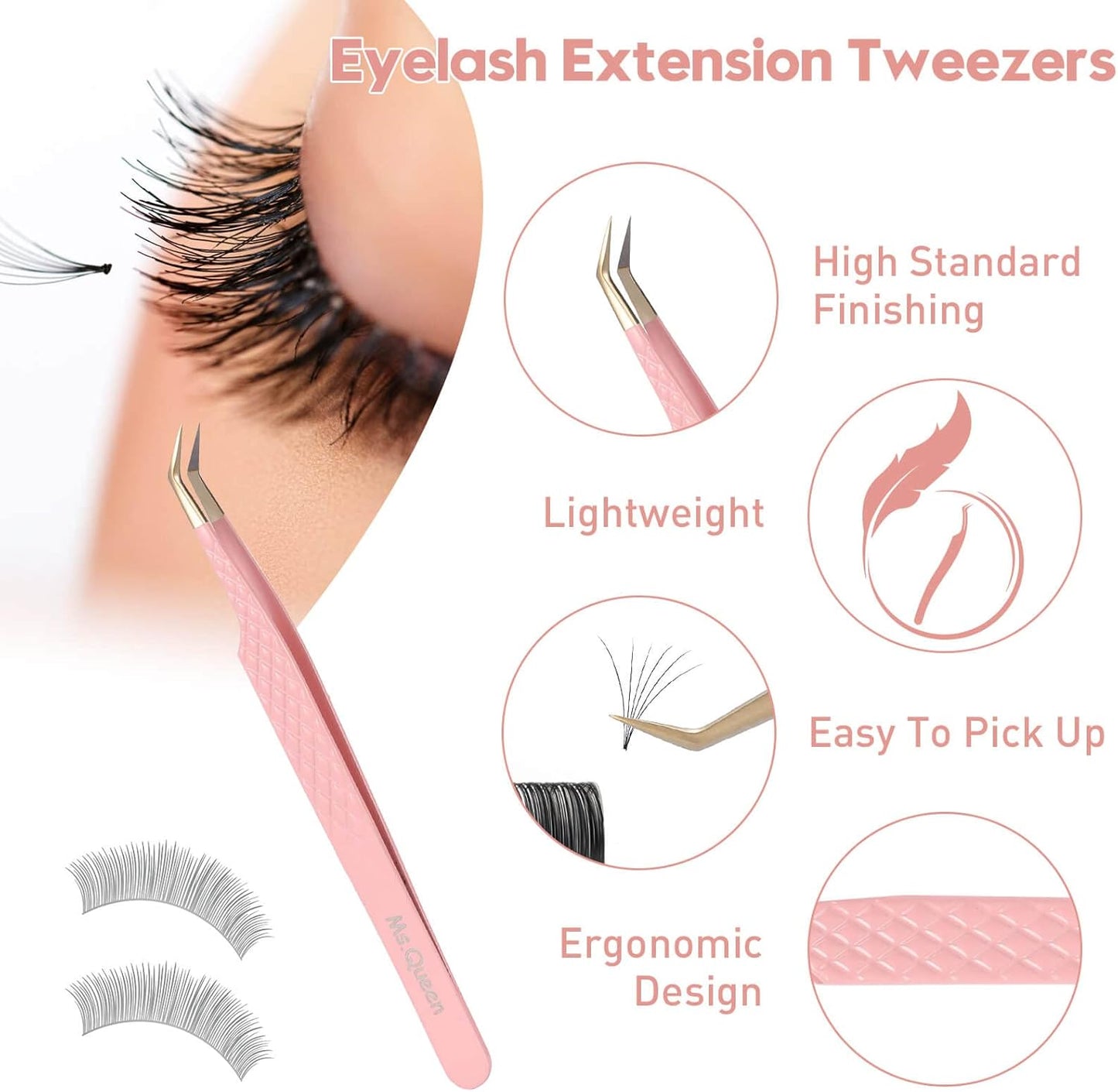 Ms.Queen Eyelash Extension Tweezers Set,Fiber Tip Volume Tweezers Curved 45 90 Degree Angled Tip Lash Tweezers for Mega Volume Mink Lashes