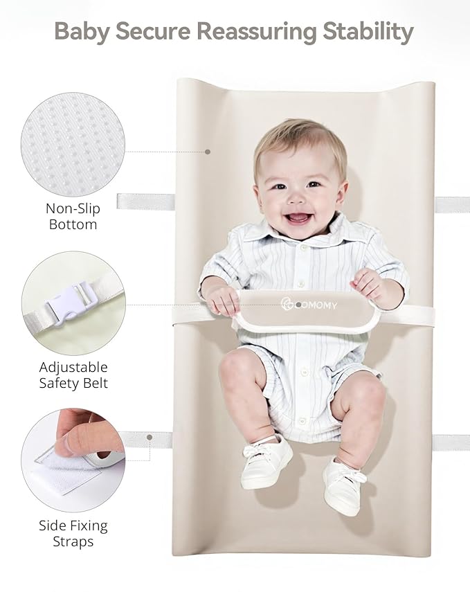 COMOMY Baby Changing Pad with Wipeable & Waterproof PU Cover, Contoured Diaper Changing Pad for Dresser with Non-Slip Safety Belt, Portable and Lightweight, Large Cushioned Foam, Beige