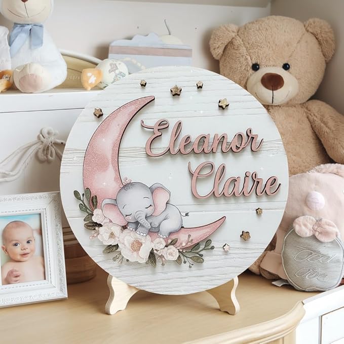 Personalized Wooden Name Signs for Nursery, Moon Elephant Sign for Baby Door Decor, Newborn Gifts for Girl, Girls Nursery Wall Bedroom Decorations, Mother's Day Gifts for New Mom Dad Gift