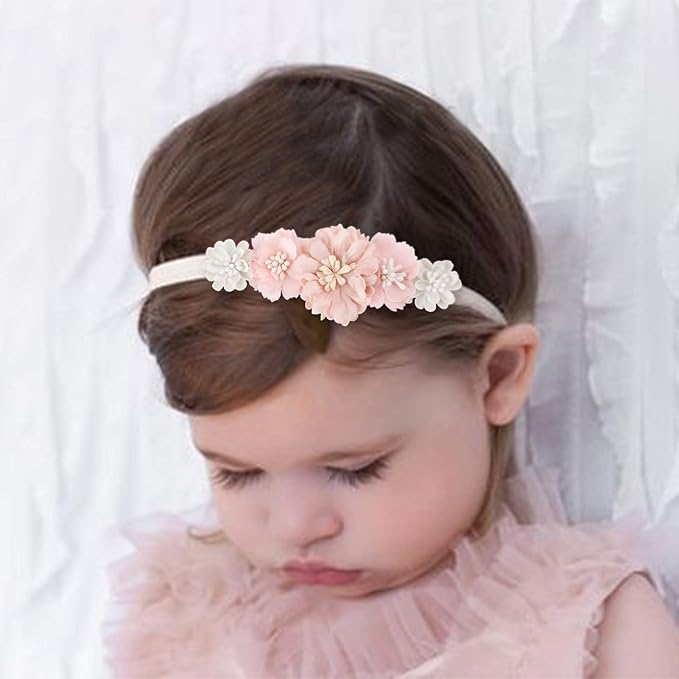 cherrboll 3pcs Baby Girl Headbands Flowers, Super Soft & Stretchy Nylon Floral Hairbands for Newborn Toddler