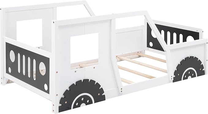 Merax Twin Size Classic Car-Shaped Platform Bed with Wheels, Wood Car Bed Frame for Boys, White