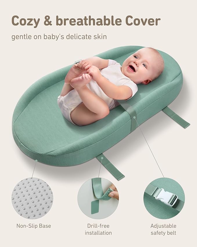 Blissful Diary Baby Changing Pad with Waterproof Lining Foam, Includes a Soft & Washable Cover, Contoured Changing Table Pads for Dresser Top with Non-Slip Bottom, 32”×16” (Green, Avocado)