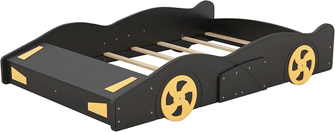 SOFTSEA Full Car Shaped Bed Frame with Storage for Boys Car Bed Frame with Storage, Wood Race Car Platform Bed with Wheels, No Box Spring Required, Black+Yellow