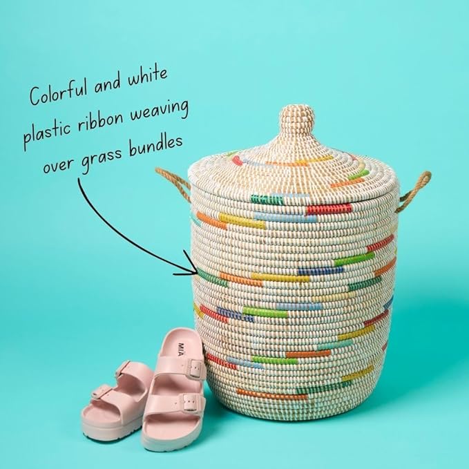 Tall Large Decorative Wicker Storage Basket with Lid, Laundry Hamper, Blanket Storage, Toys Bin, Clothes Holder, Boho Style (Colors White)