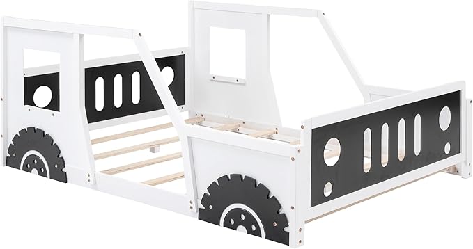 Full Car Bed, Full Size Kids Bed, Classic Car-Shaped Platform Bed with Wheels, Wood Full Montessori Bed, Full Floor Bed Frame for Boy Girls, White+Black