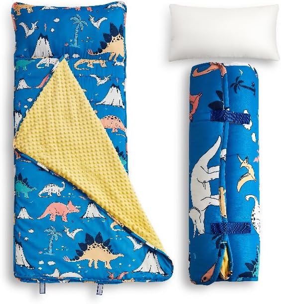 Toddler Nap Mat with Removable Pillow & Minky Blanket Sleeping Bag for Kids Handle & Fastening Nap Mats for Preschool Daycare Kindergarten Kids Sleeping Bag (Ages 2-7 Years) Blue Dinosaur