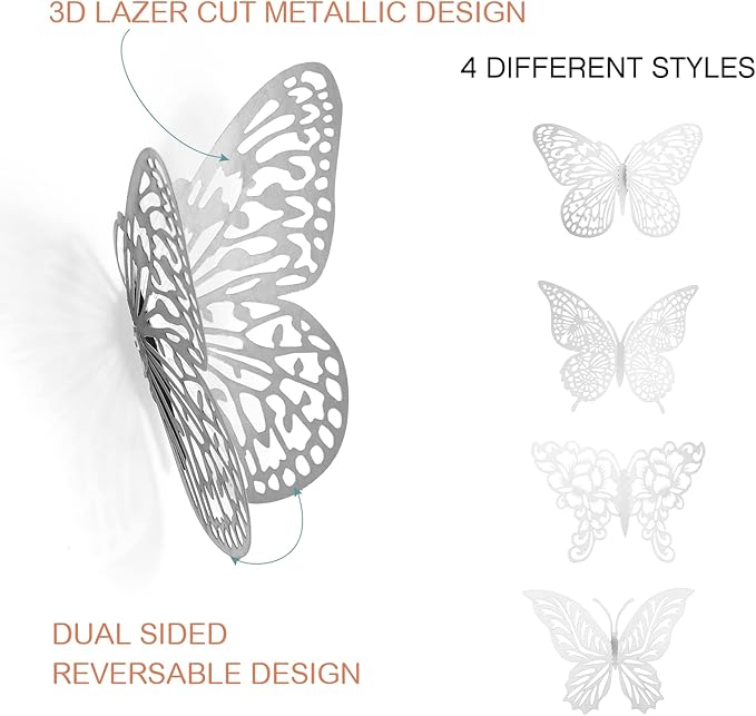 3D Silver Butterfly Wall Decor 3 Sizes 4 Styles Butterfly Party Decorations Cake Decorations Removable Stickers Wall Decor Room Mural Metallic Kids (Silver, 48Pcs)