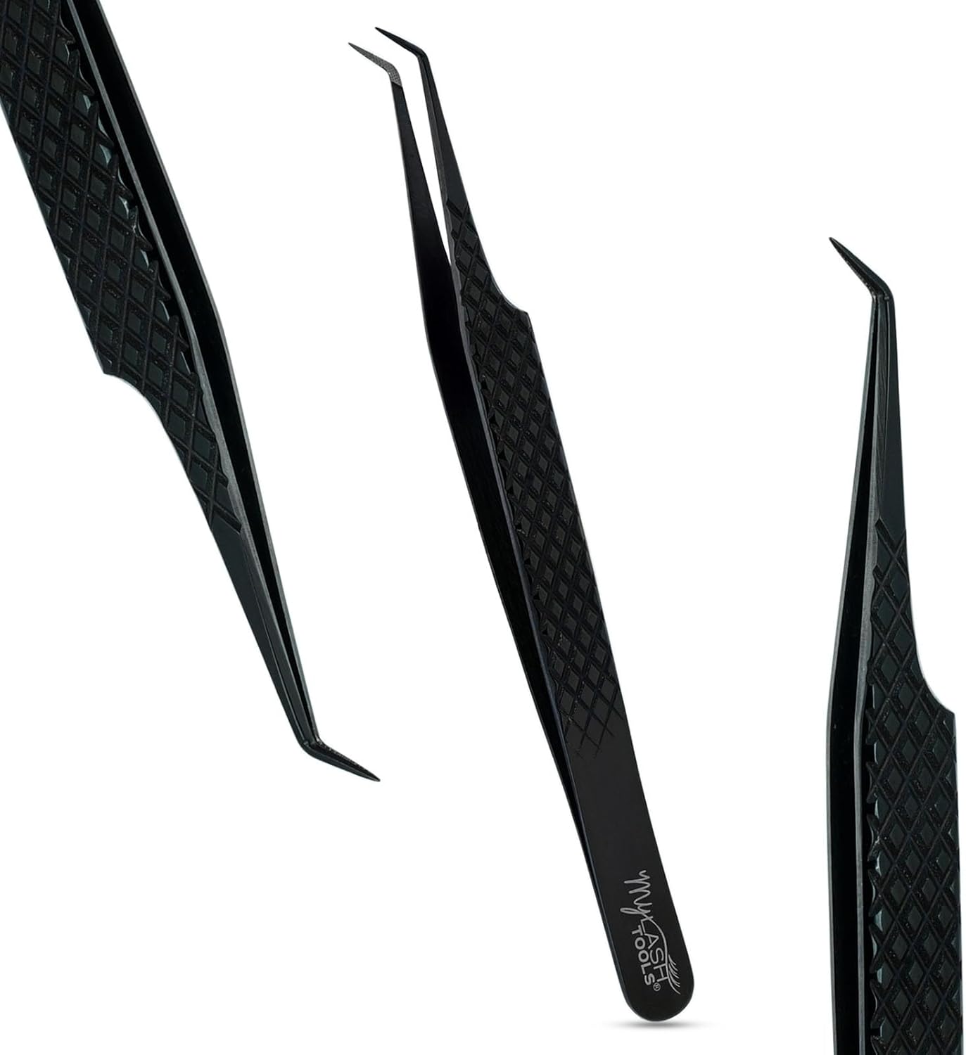 45 Degree Volume Fiber Tip Lash Tweezer Black –, Diamond Grip, Professional Eyelash Extension Tweezers (Black, All SET LASH TWEEZER)