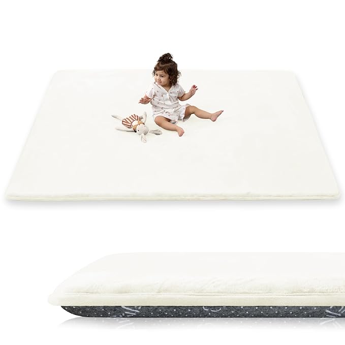 1.5" Thick Baby Play Mat for Floor, 39x59 Playpen Mat, Pro Soft Flannel Foam Mats Toddler Infant Kids Crawling for Nursery Rug Playroom Living Room Waterproof Easy Care Non-Slip (Cream)