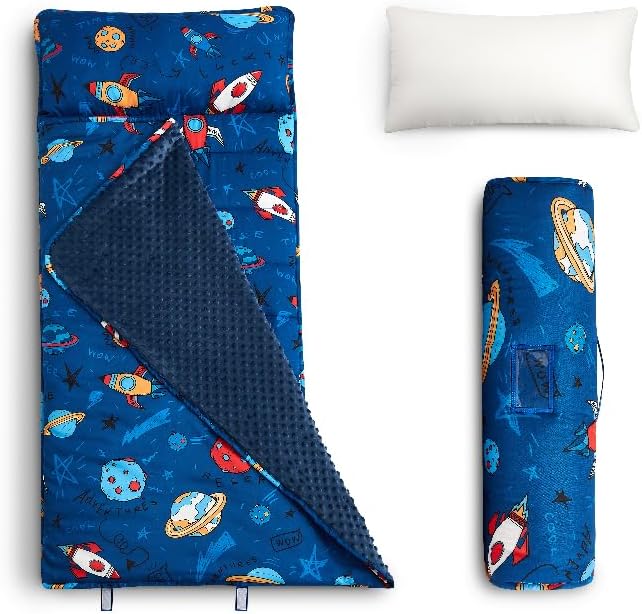 Toddler Nap Mat with Removable Pillow & Minky Blanket Sleeping Bag for Kids Handle & Fastening Nap Mats for Preschool Daycare Kindergarten Kids Sleeping Bag (Ages 2-7 Years) Blue Dinosaur
