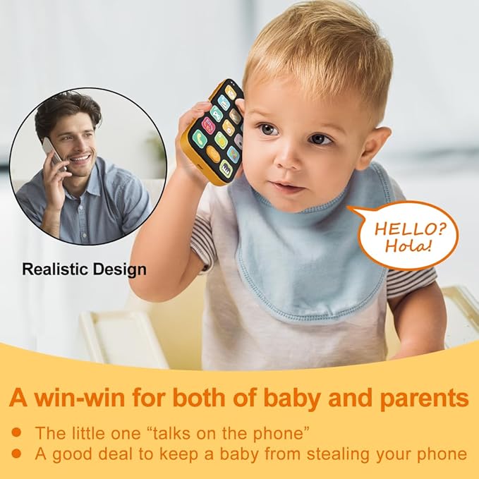 Bilingual Baby Phone with Sounds and Light, English/Spanish, Fun Early Learning Kids Smart Phone Toy for 6-12 Months, Gift for 1 Year Old Boys Girls Toddler Infant, Orange