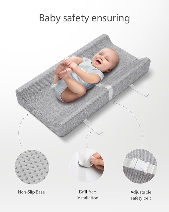 Blissful Diary Baby Changing Pad with Waterproof Lining Foam, Includes a Soft & Washable Cover, Contoured Changing Table Pads for Dresser Top with Non-Slip Bottom, 32”×16” (Grey, Rectangular)