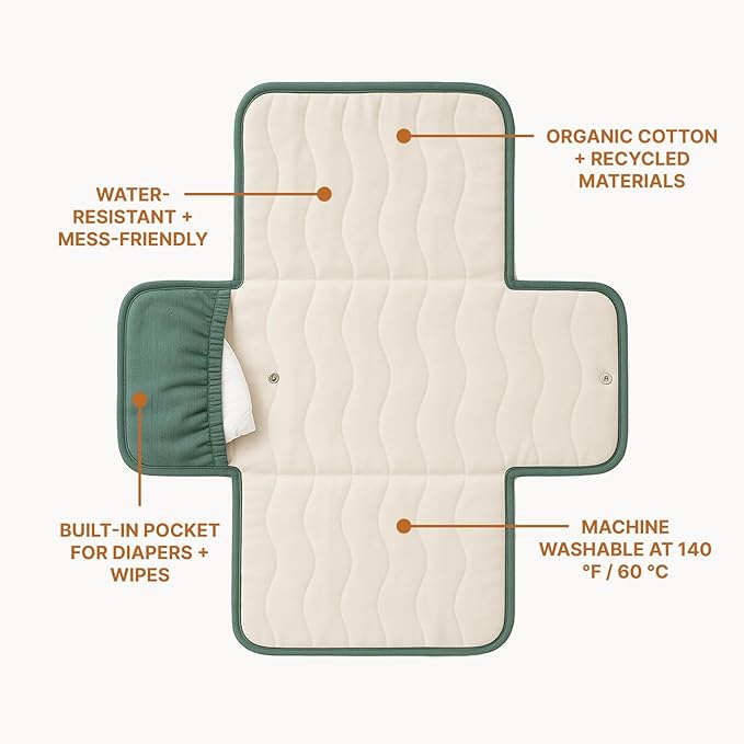 Toddlekind Mini Maven Portable Changing Pad – Organic Cotton & Water-Resistant Polyester – Travel-Friendly, Foldable Change Mat – Forest Green Stripes with Wave Stitching – Chic, Durable, Easy Clean