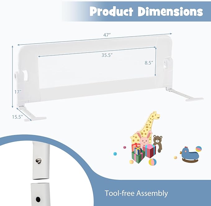 BABY JOY Double Sided Bed Rail Guard, 2 Pack, Extra Long, Swing Down for Convertible Crib, Folding Baby Safety Bedrail for Kids Twin Full Size Queen King Mattress, Rails for Toddlers (White, 48")