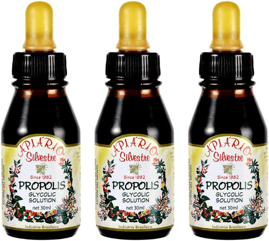 Official Distributor - 3 Bottles of Apiario Silvestre Brazilian Green Bee Propolis Liquid Glycolic Extract-Non Alcoholic, Wax Free, Sugar Free