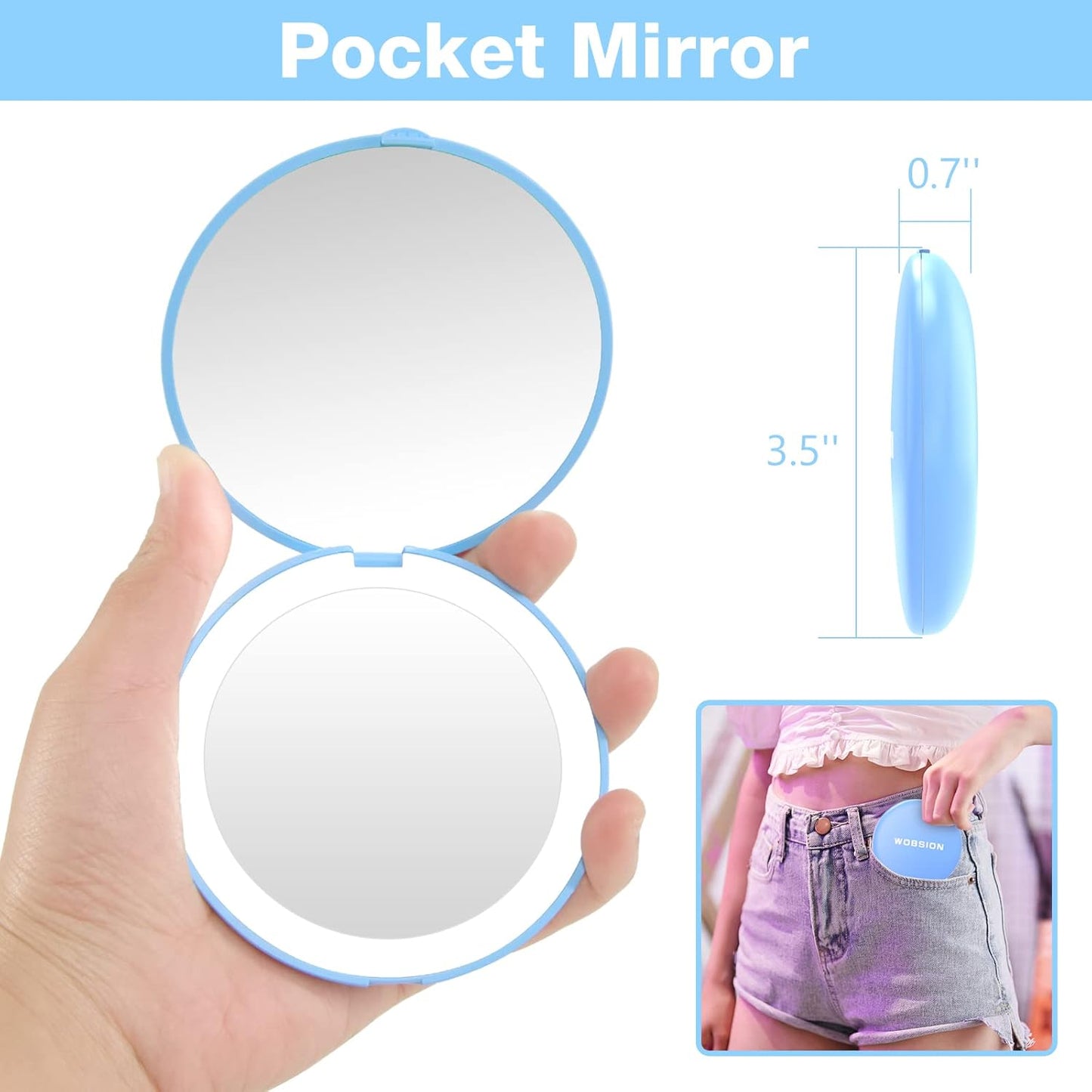 WOBSION Travel Compact Mirror,Portable 1x/10x LED Makeup Mirror with Magnification,Handheld 2-Sided Pocket Mirror, 3.5in Small Mirror for Purse,Handbag,Gifts,Blue