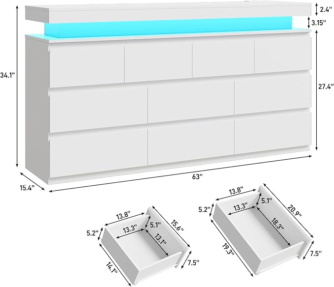 10 Drawer Dresser for Bedroom, 63“ Wide 34” Tall Drawer Organizer Cabinet with LED Light and Charge Station, Modern Chest of Drawers for Closet, Living Room, Entryway, Hallway (White, 10 Drawers)