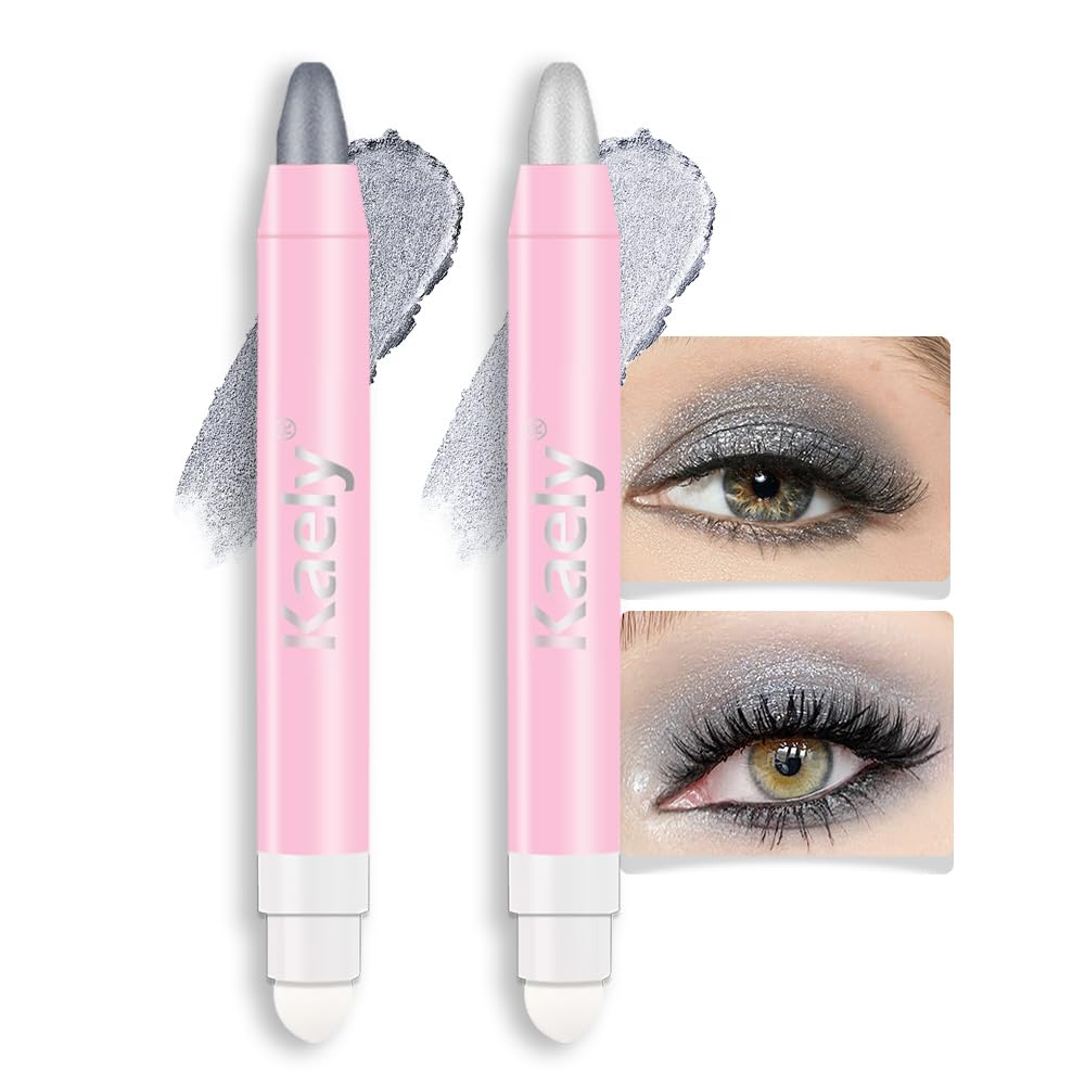 evpct 2Pcs Cream Eye Shadow Brightener Sticks Set for Eyes Waterproof, Dazzling Grey & Silver Shimmer Cream Eyeshadow Applicator Stick Long Lasting Pigmented Eye Makeup sombras en crema para ojos 2+16