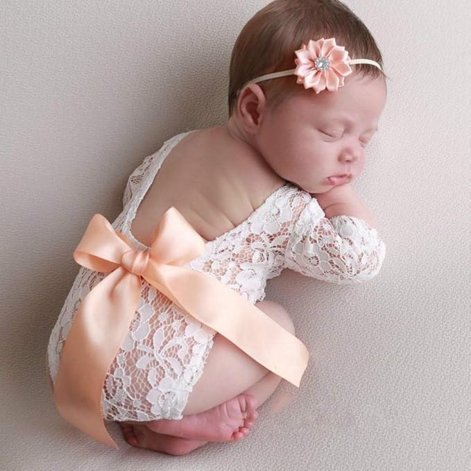 Newborn Girl Photography Outfits, Backless Lace Romper with Flower Headband Photo Props, Baby Girl Photoshoot Outfits