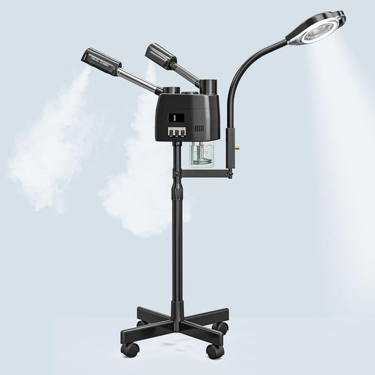 Paddie Professional 3 in 1 Facial Steamer on Wheels for Esthetician, Hot & Cold Mist, 5X LED Magnifying Lamp, Black